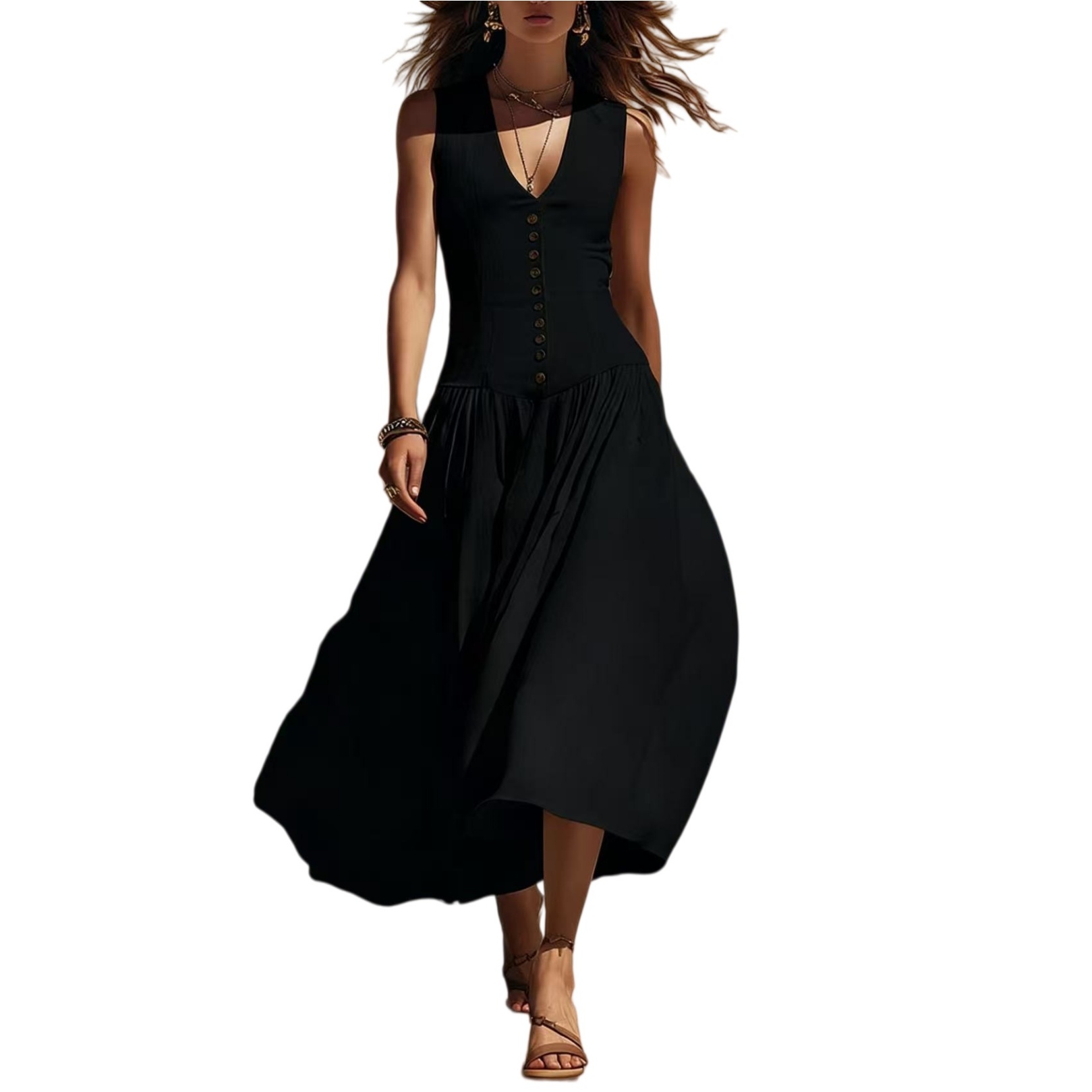 Womens Sleeveless Midi Dress - V-Neck Button-Front Flowy A-Line Skirt